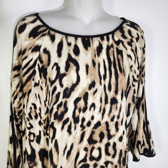 Chicos Leopard Chic Knit Tunic Top Medium Black Panel Hem 3/4 Sleeve Mixed Media - Picture 3 of 12
